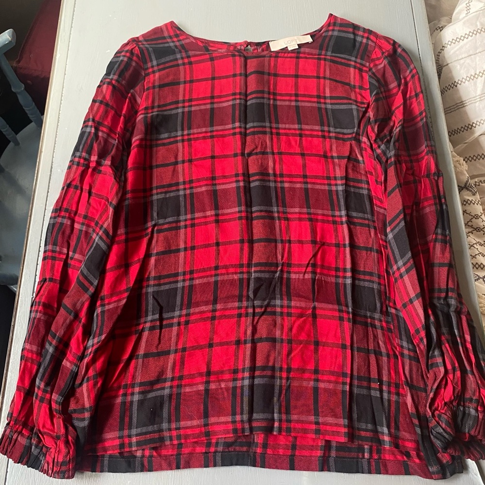 Loft Red and Black Plaid Long Sleeve Top